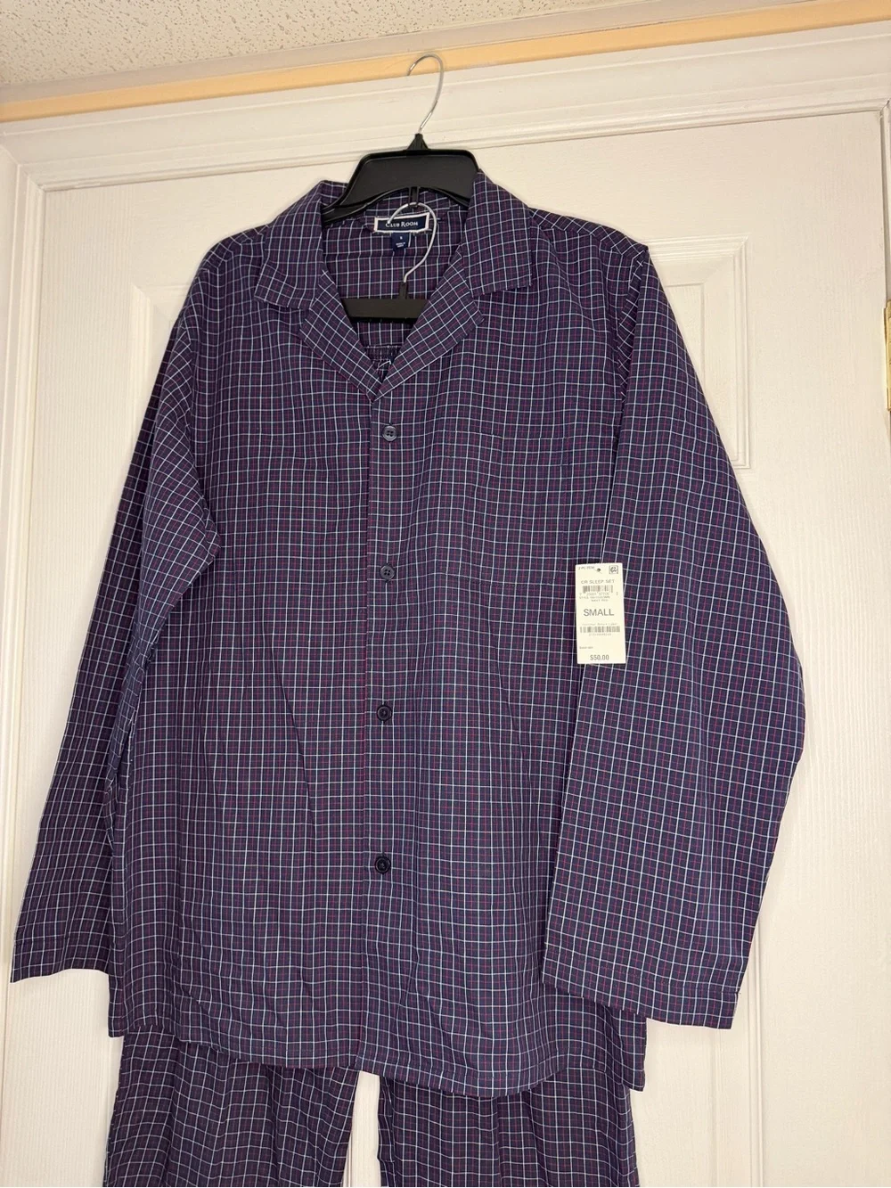 Club Room Men’s 2 Pc Oxford Plaid Cotton Pajama Set Small NWT Navy Red